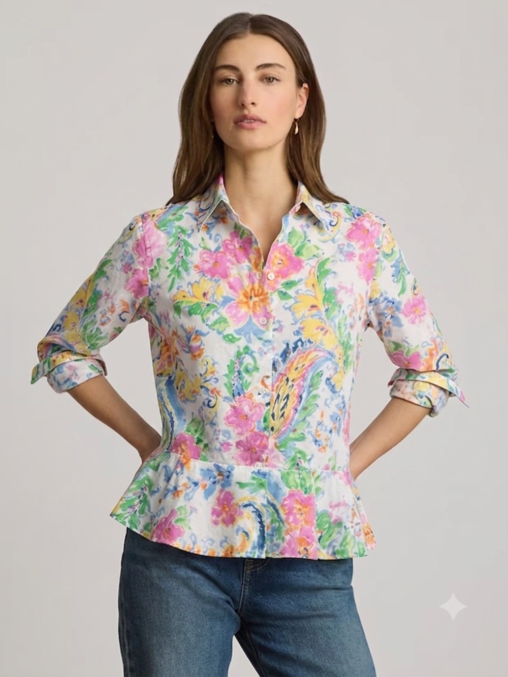 RALPH LAUREN Women's Cotton Floral Multicolor Painted Long Sleeve Shirt - Sz 4